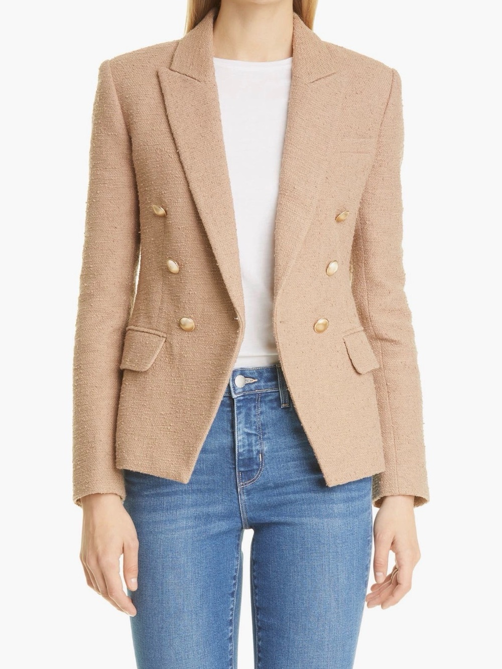 L'AGENCE Kenzie Double-Breasted Bouclé Textured Taupe Blazer Cappuccino